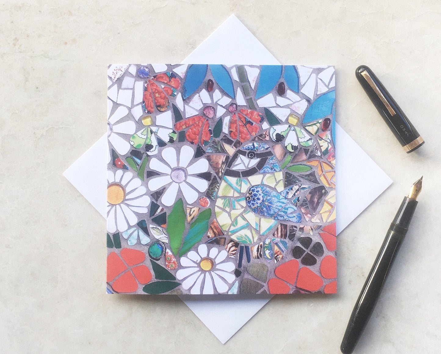 BIRD AMONGST THE FLOWERS mosaic art card