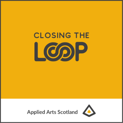 mustard yellow, white and black logo saying Closing the Loop, with the two Lās intertwining