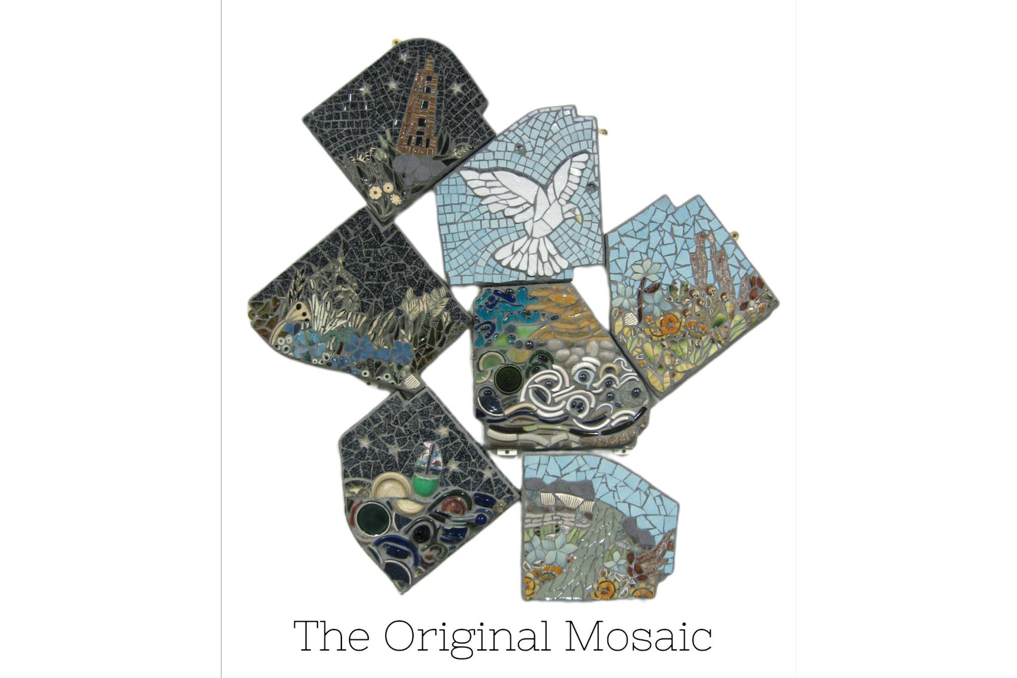 The original Scapes mosaic, showing seven panels in mosaic, connected together. The Dove in Flight is one of the sections. All the panels are odd shapes, and the mosaics are made from a variety of upcycled crockery and tile.