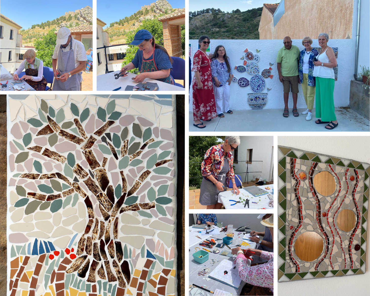 Collage of people working on mosaic art with scenic and indoor settings.