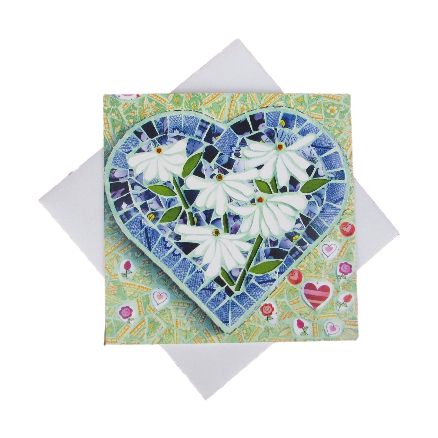 Square card using a mosaic image on the front. The main image is a heart shape with 5 white daisies inside it, and the background completing the square shape is a soft green with varying heart shapes, all in mosaic. The card is sitting on a square envelope. Photographed on a white background.