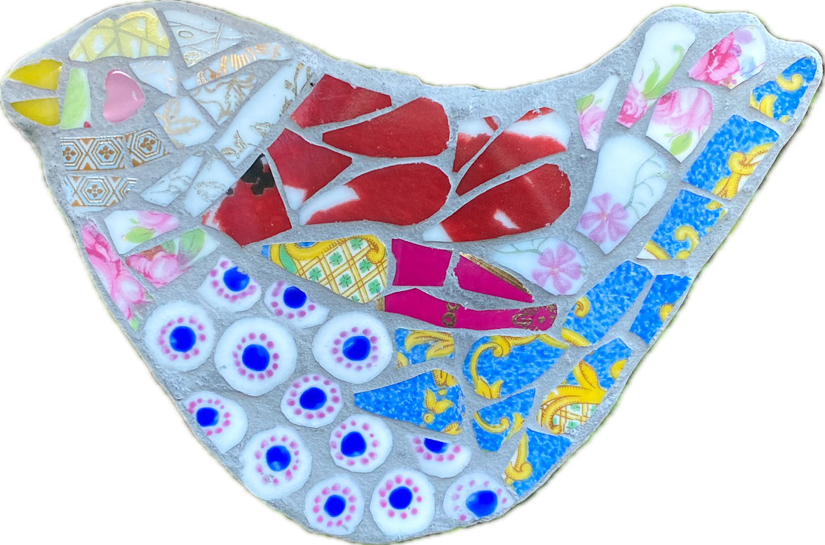 mosaic bird with a blue dotty breast, read body and blue tail feathers, on a white background