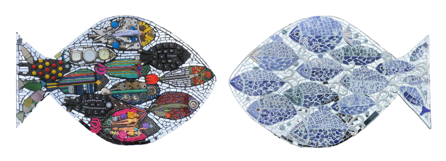two fish in mosaic, one is made of victorian blue and white china. the other is made of rubbish, including keys, knitting needles, watch faces and plastic toys