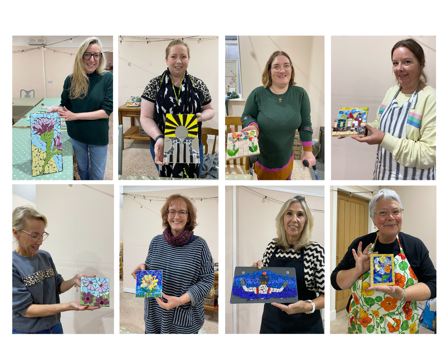 Collage of eight women holding colourful mosaics in a room setting.