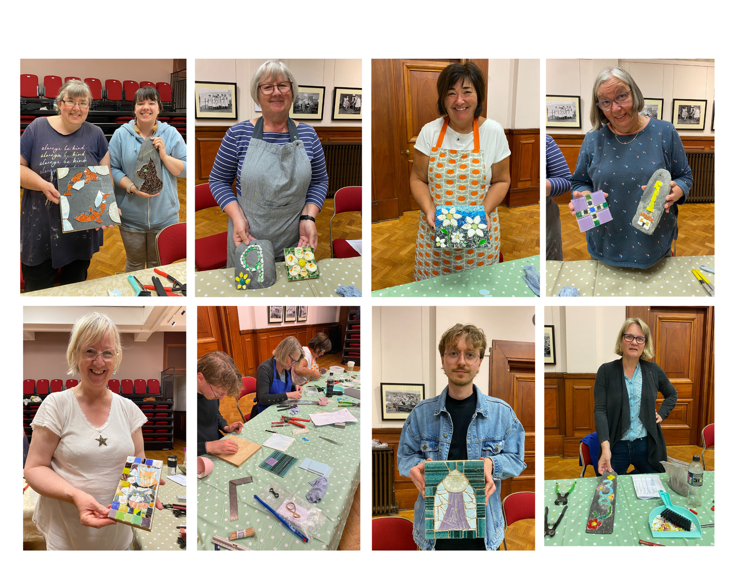 Collage of people holding mosaic projects in a room with wooden paneling.