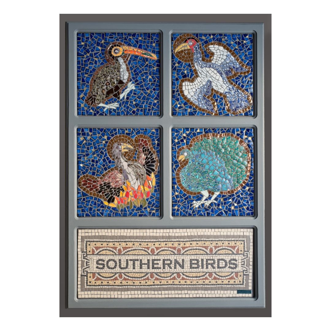 Mosaic of four bird panels featuring a toucan, a crane, a phoenix and a peacock. A fifth panel has Southern Birds in a traditional style mosaic