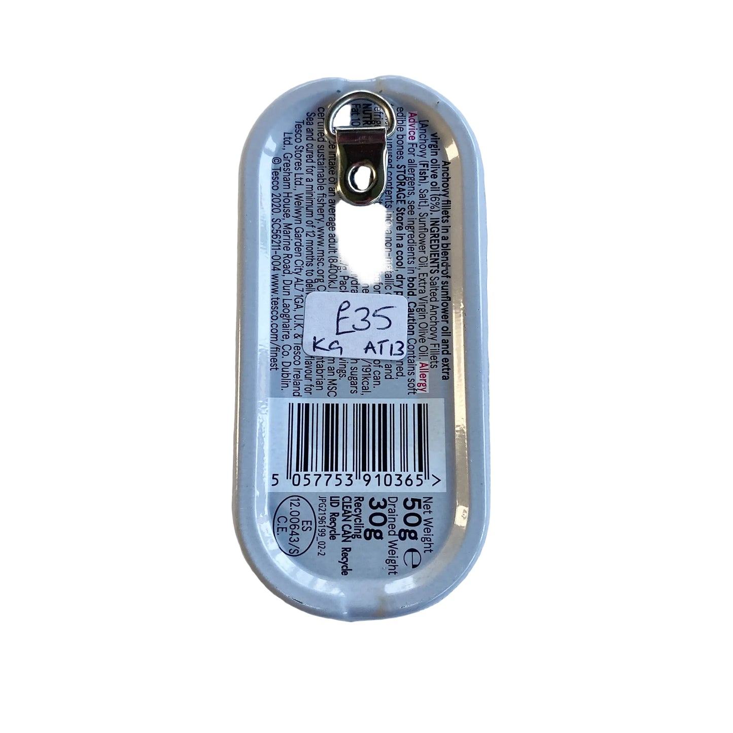 Small rectangular metal anchovy can on a white background, with D-ring