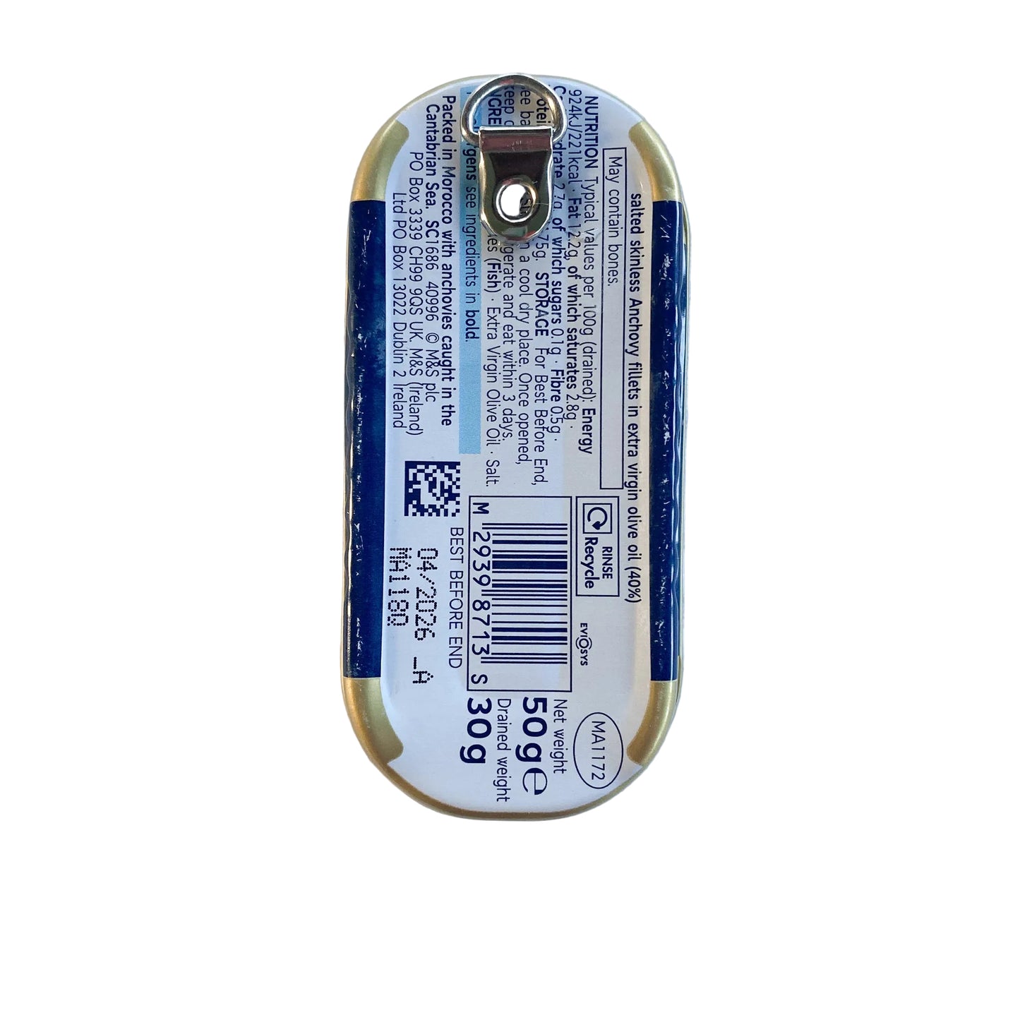 Small rectangular metal anchovy can on a white background, with D-ring