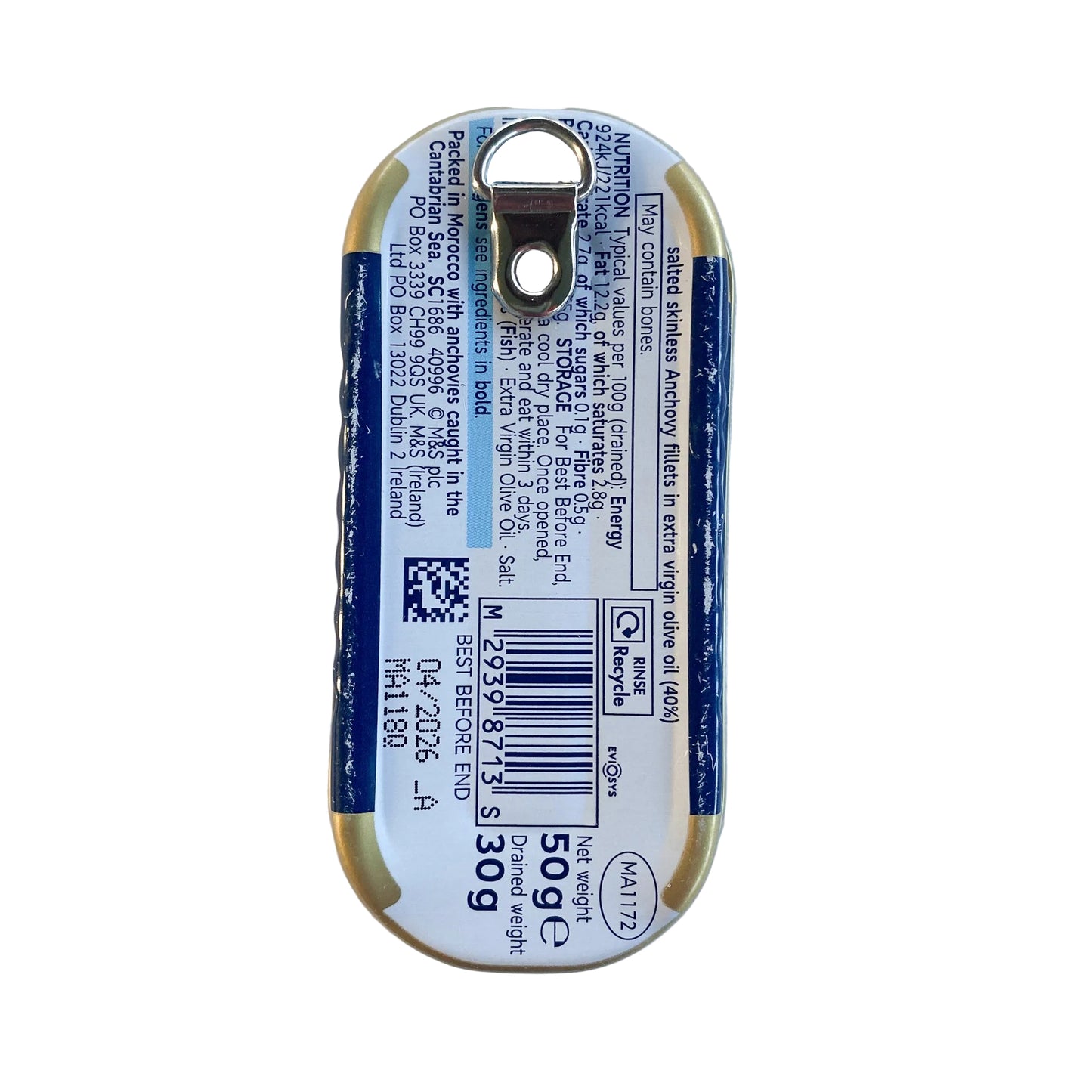 Small rectangular metal anchovy can on a white background, with D-ring