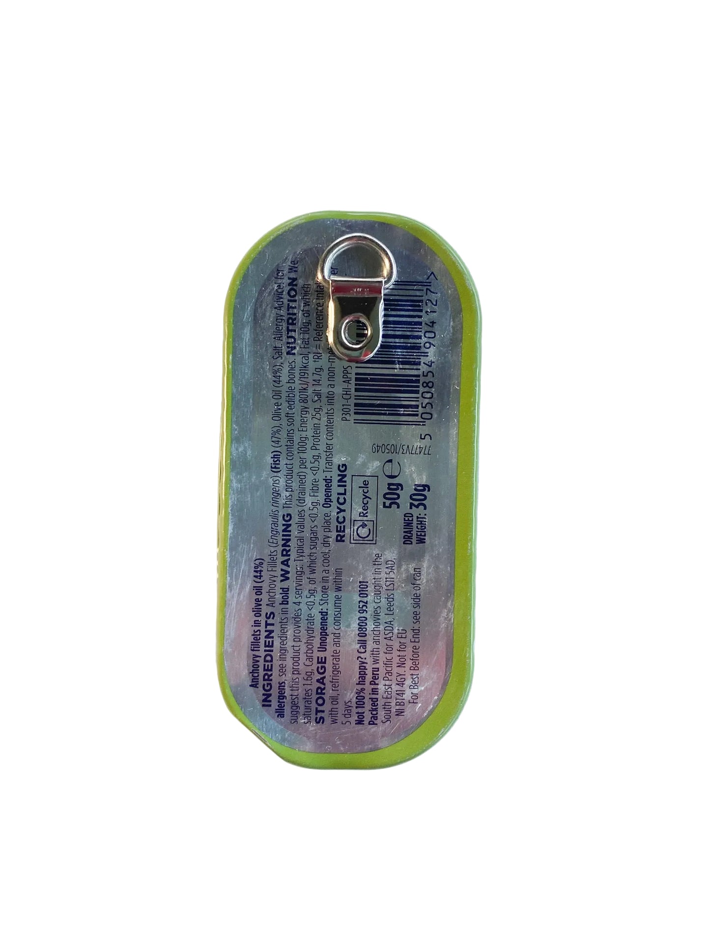 Small rectangular metal anchovy can on a white background, with D-ring