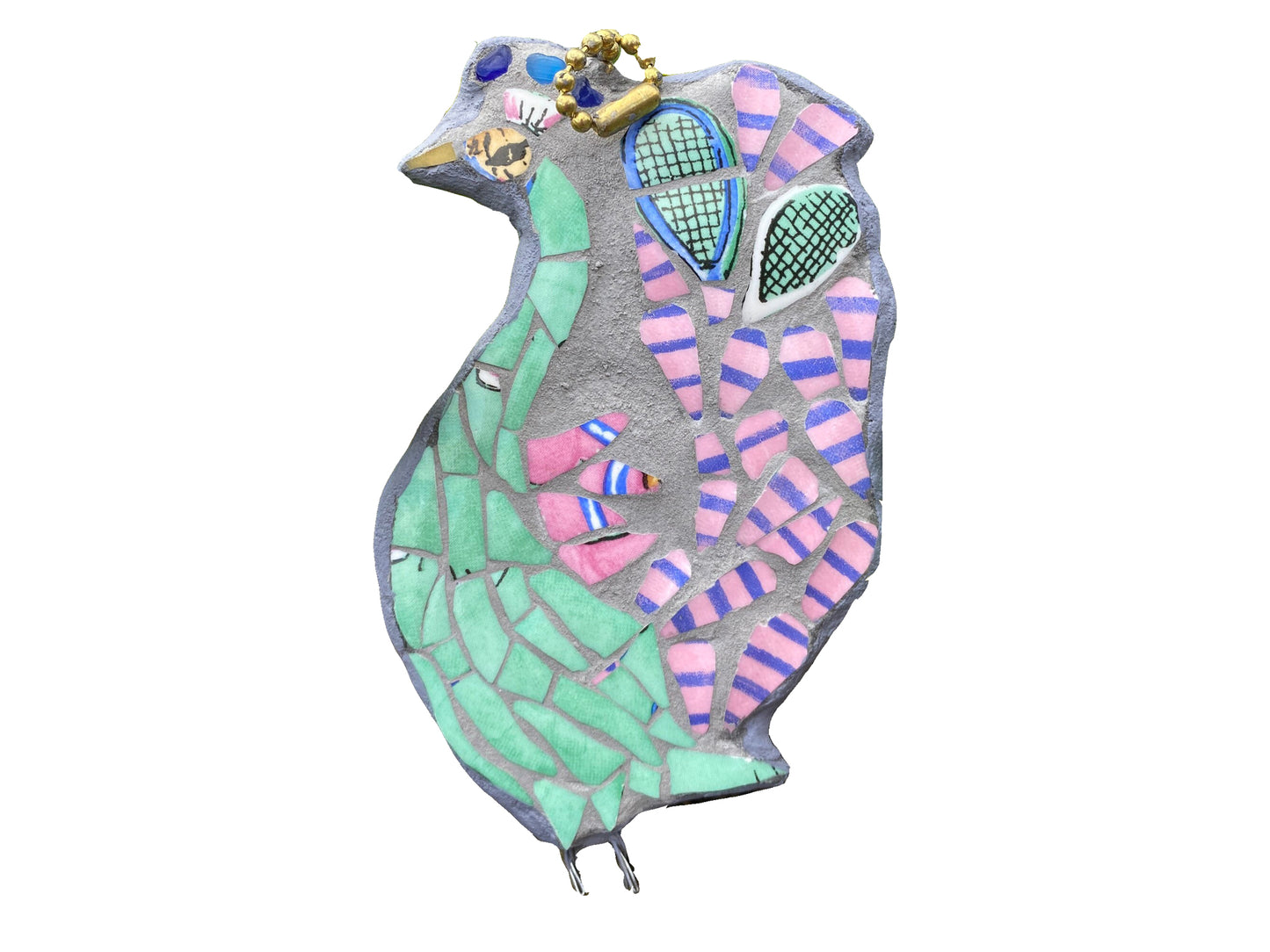 Mosaic peacock as viewed from the side rather than full feather display, with a green body, and pink and blue stripy tail feathers, with a pair of tennis racket heads in the tail. Made from crockery. photographed with a white background
