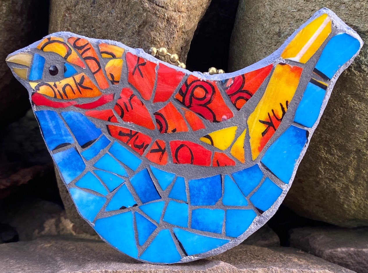 Colourful Hanging Bird in Mosaic, suitable for home or garden, eco gift