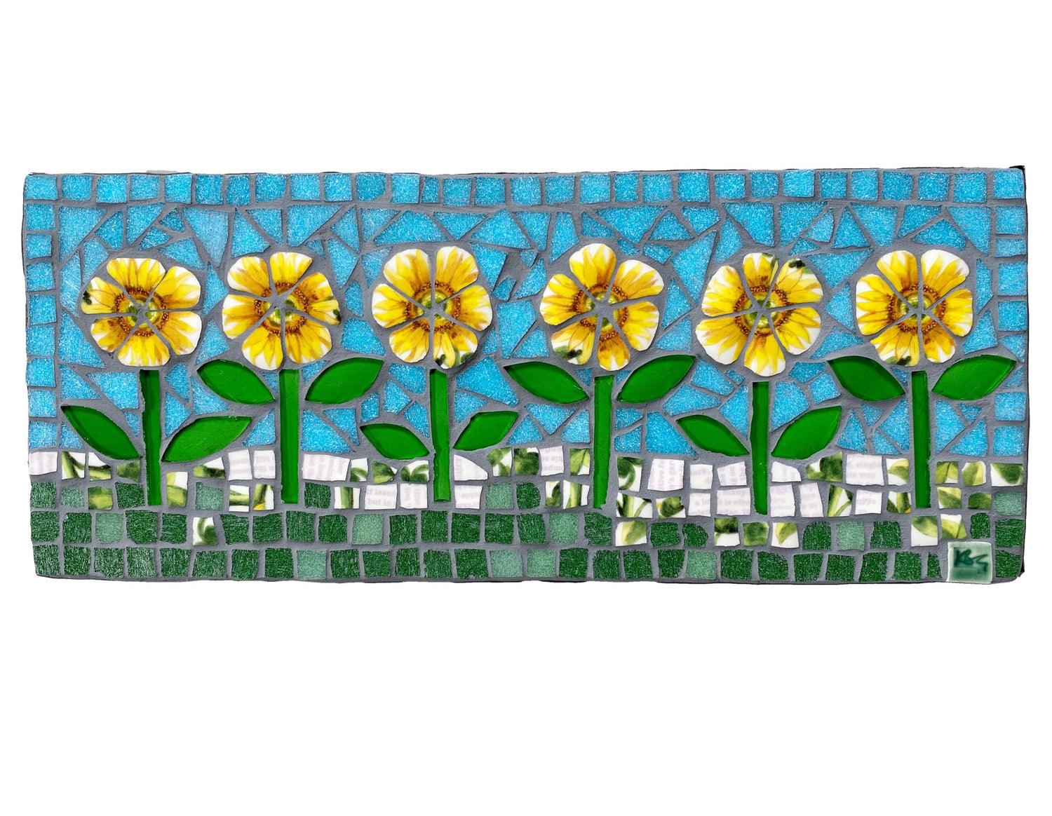 a line of yellow flowers with a blue sky and green lower line, in mosaic
