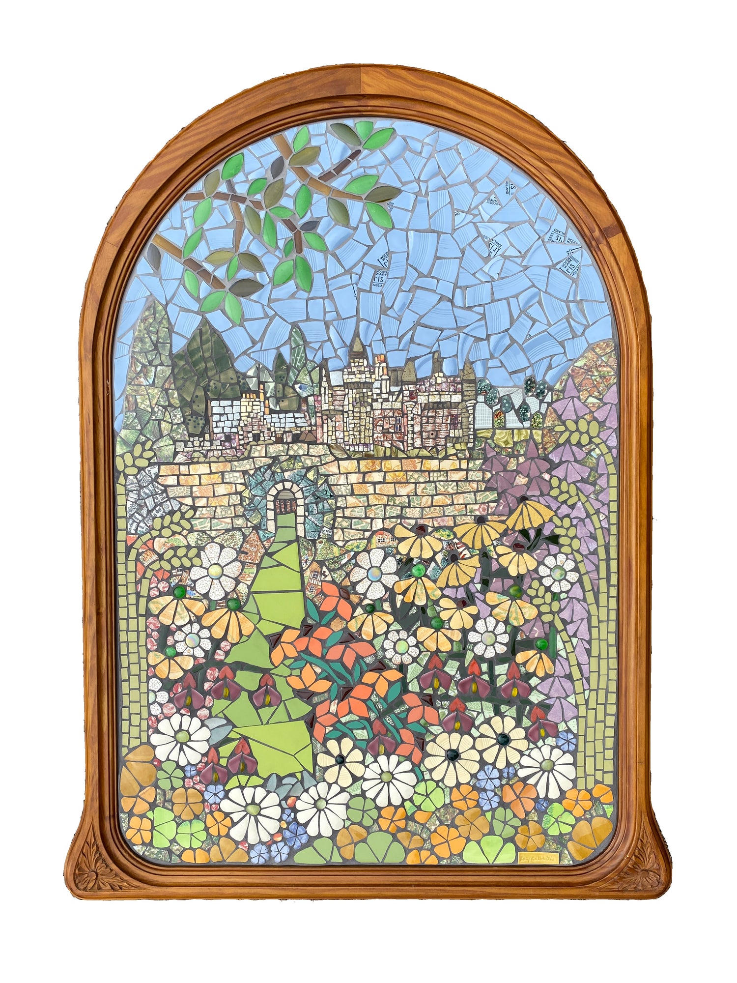 A depiction of Abbotsford House with a colourful garden in the foreground in mosaic