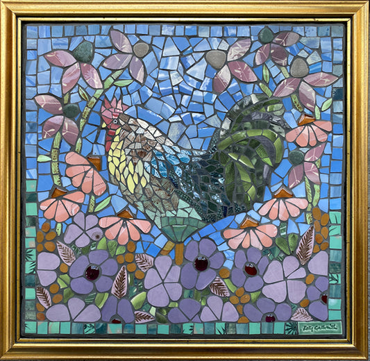 Mosaic artwork of a chicken among flowers in a gold frame