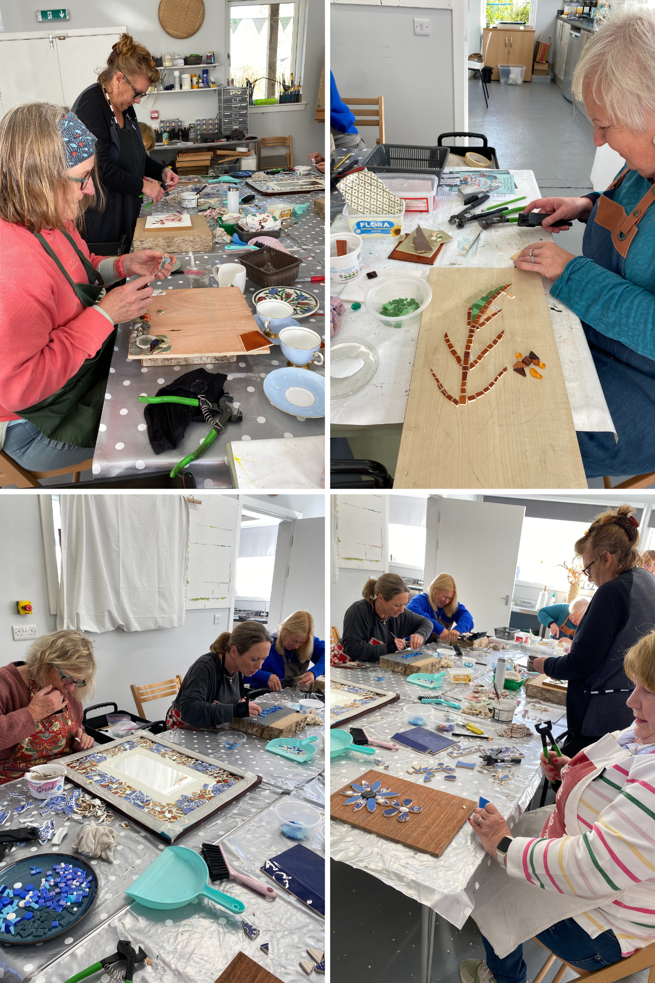 Collage of people working on mosaic projects at a table with various upcycled materials.