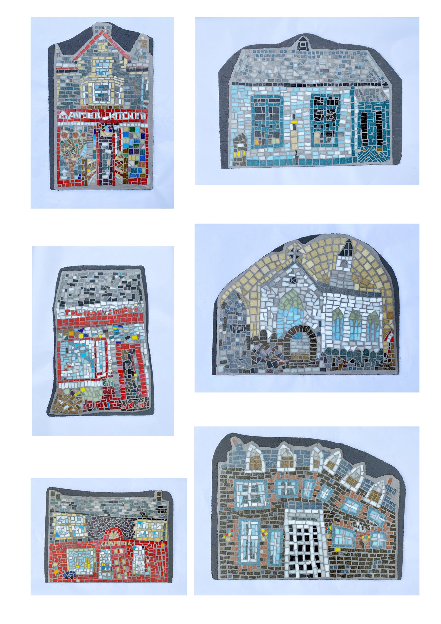 six different shop fronts in mosaic