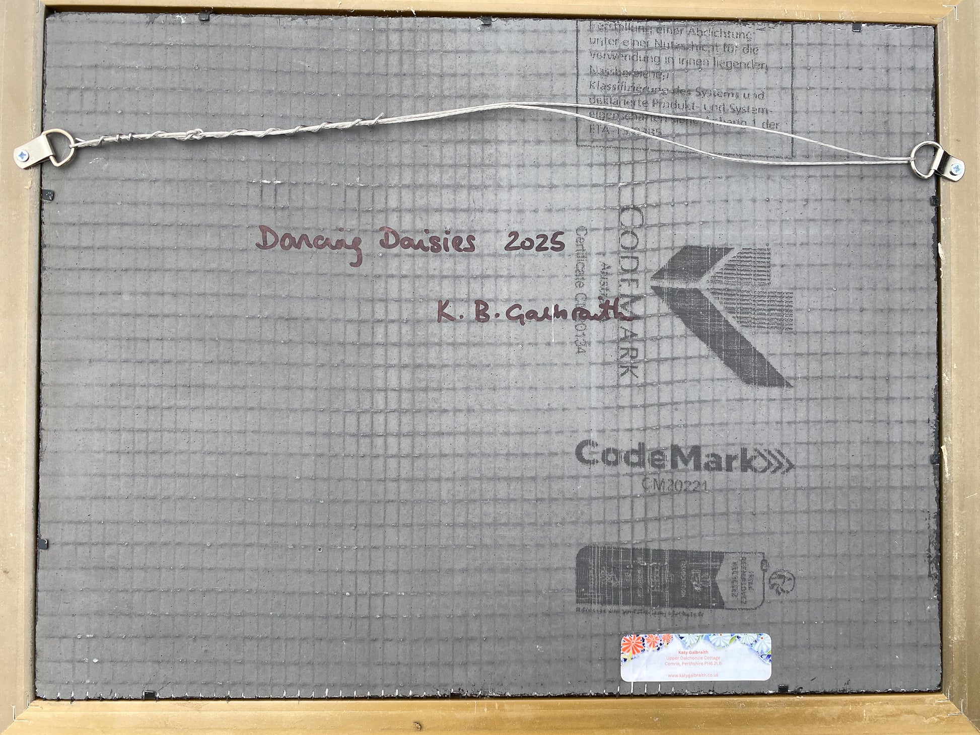 Wedi board reverse with 'Dancing Daisies 2025' and 'K. B. Galbraith' text