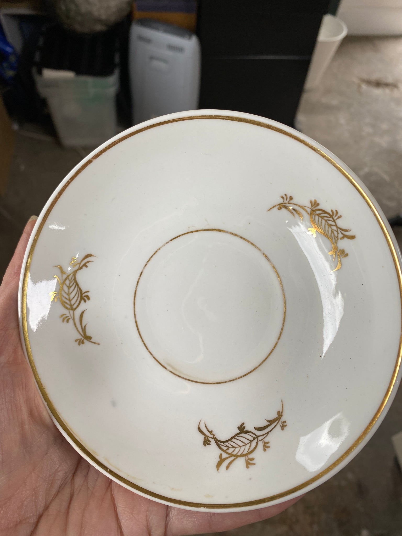 Decorative ceramic saucer with gold patterns held by a hand