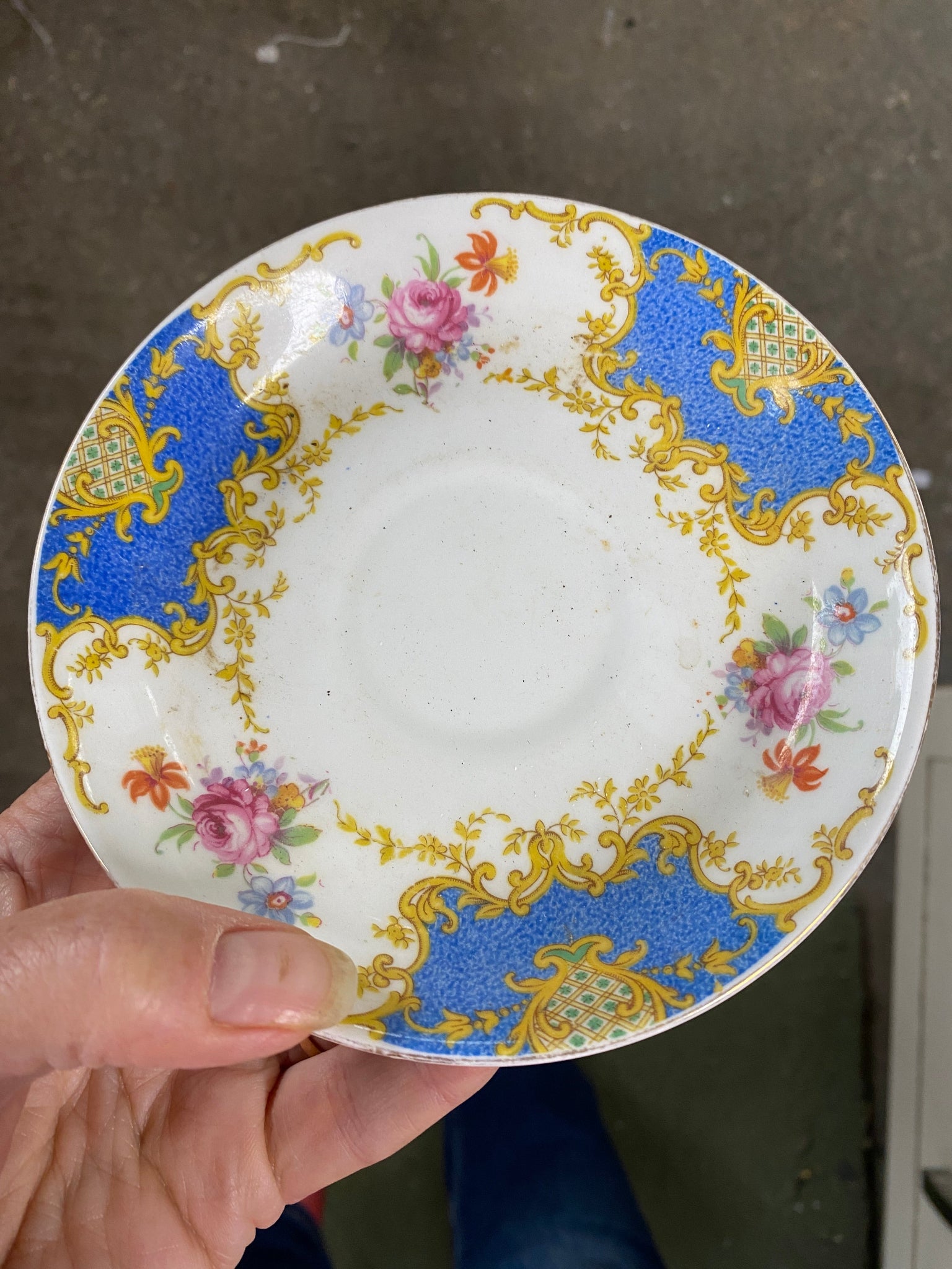 Decorative ceramic plate with floral and blue patterns held by a hand.