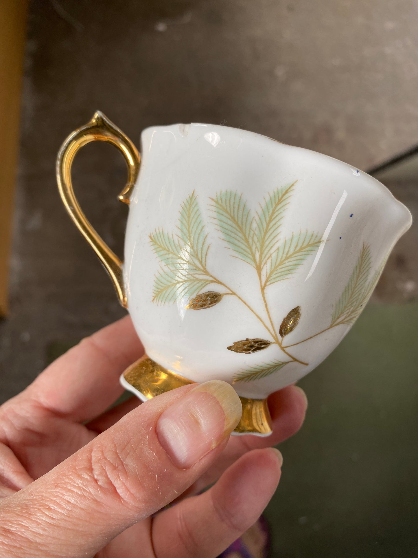 Hand holding a decorative teacup with gold leaf design against a blurred background