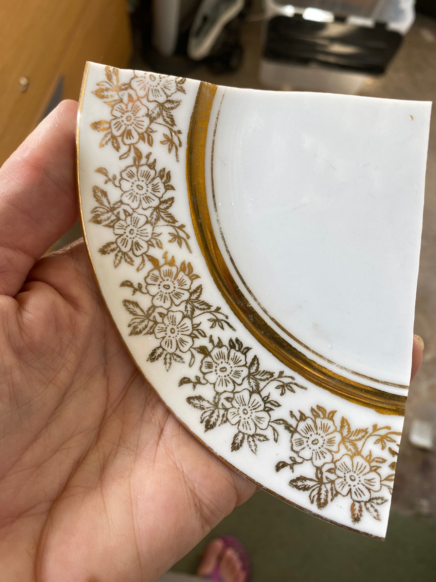 Hand holding a decorative ceramic plate with floral patterns and gold trim.