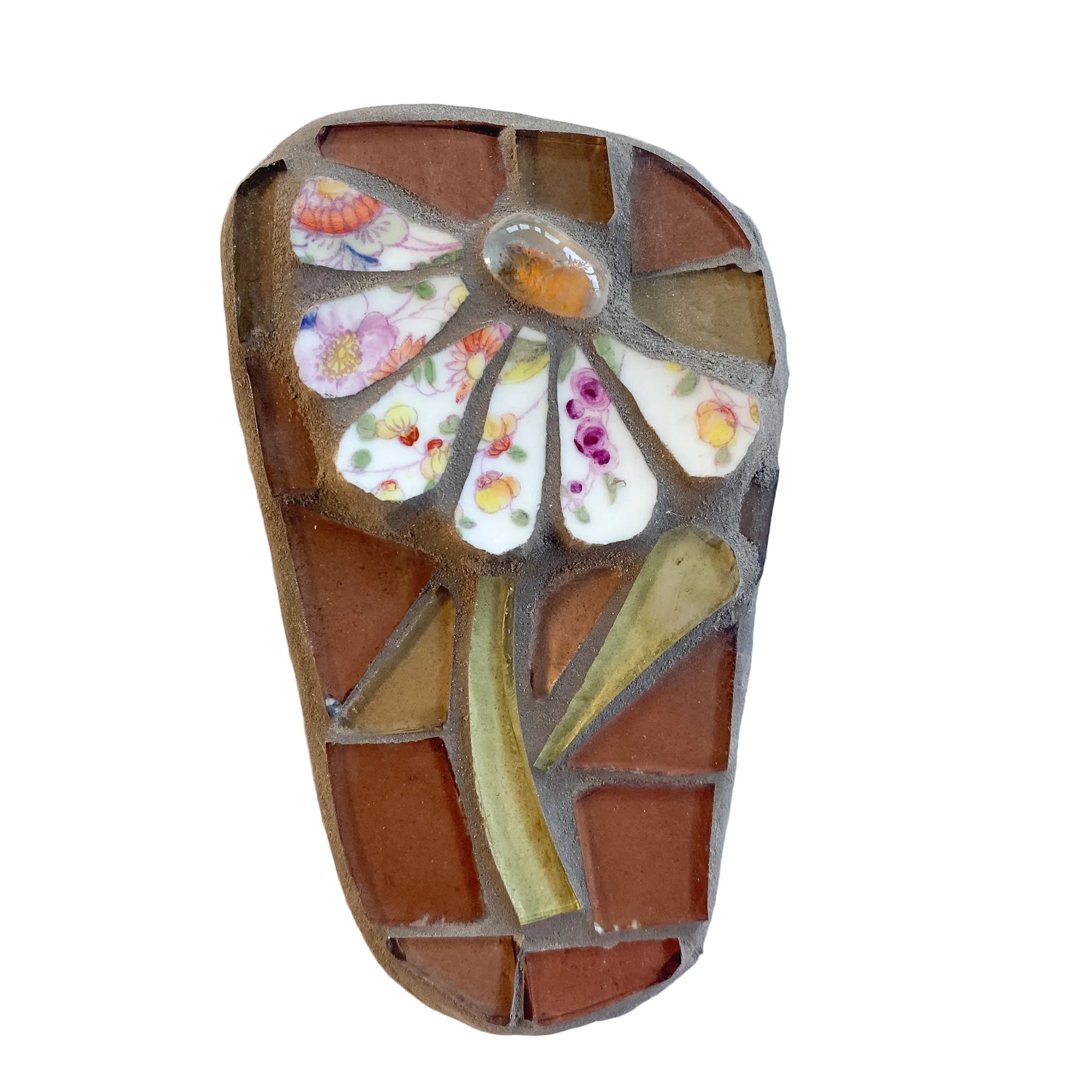 Mosaic art piece with a chintz flower design on a brown background