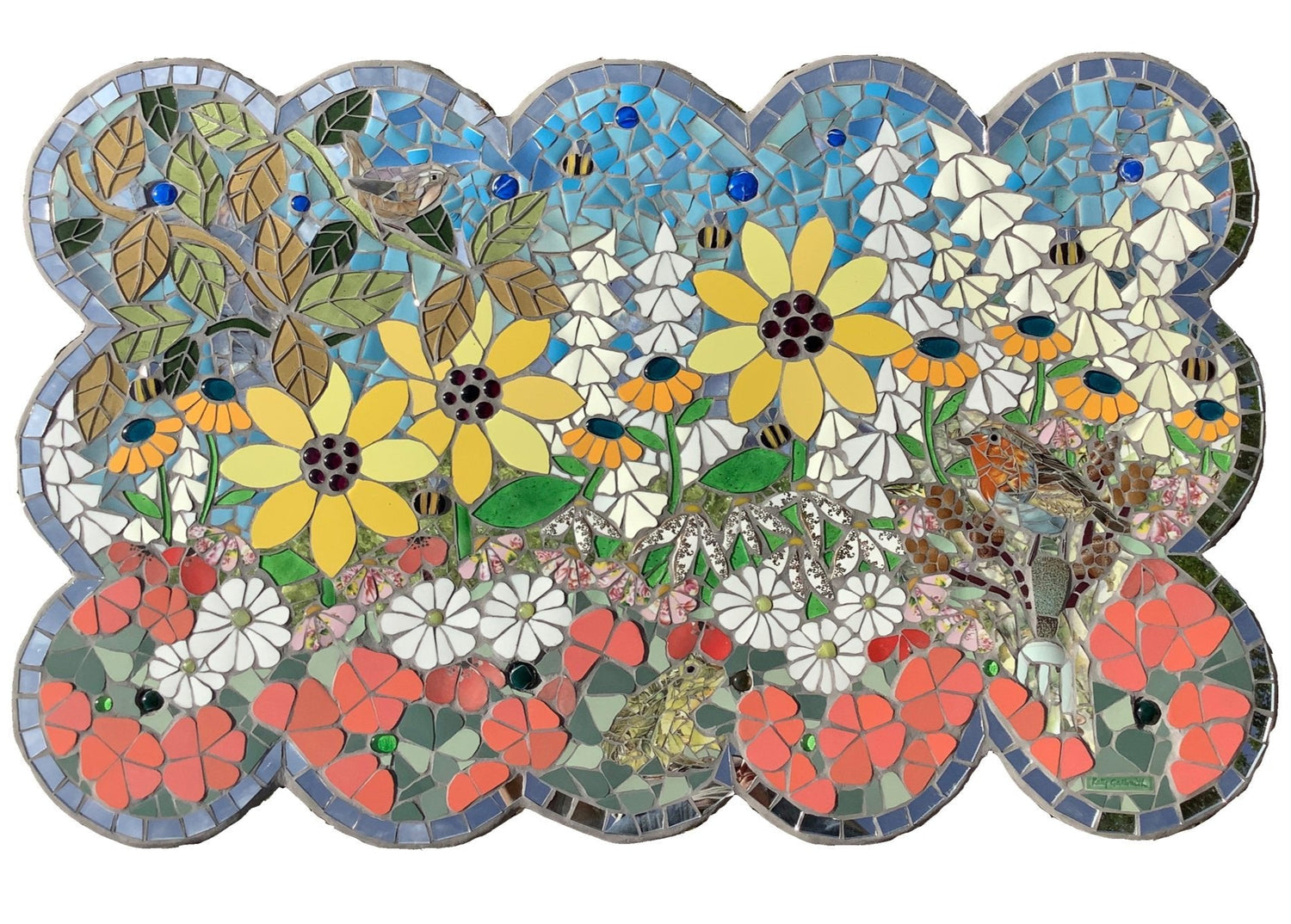 colourful panel in mosaic with sunflowers, daisies, lupins, nasturtiums, a robin and a frog 