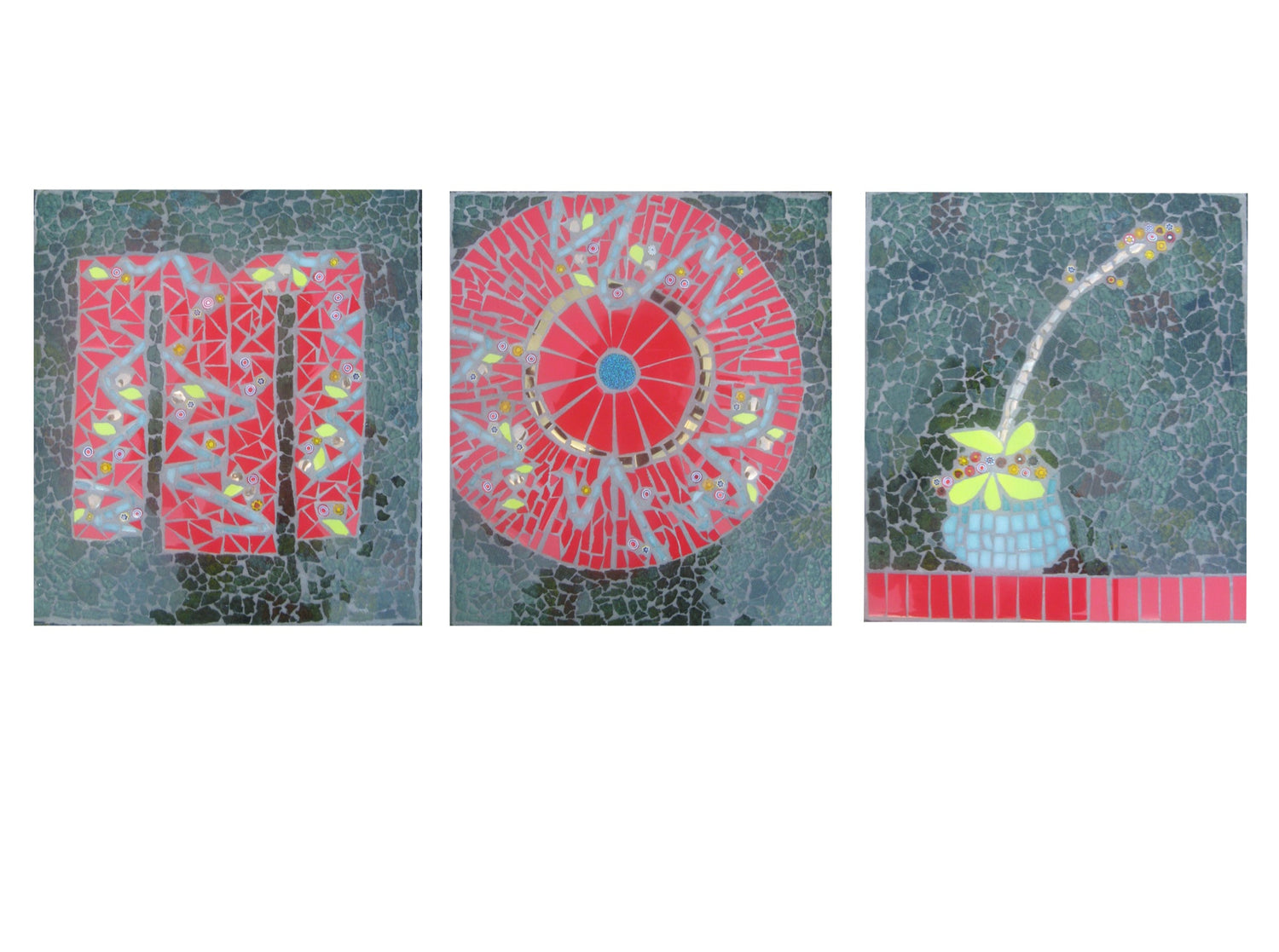 three square mosaic with a red kimono, red umbrella and ikebana flower.  All have a dark greeny black background