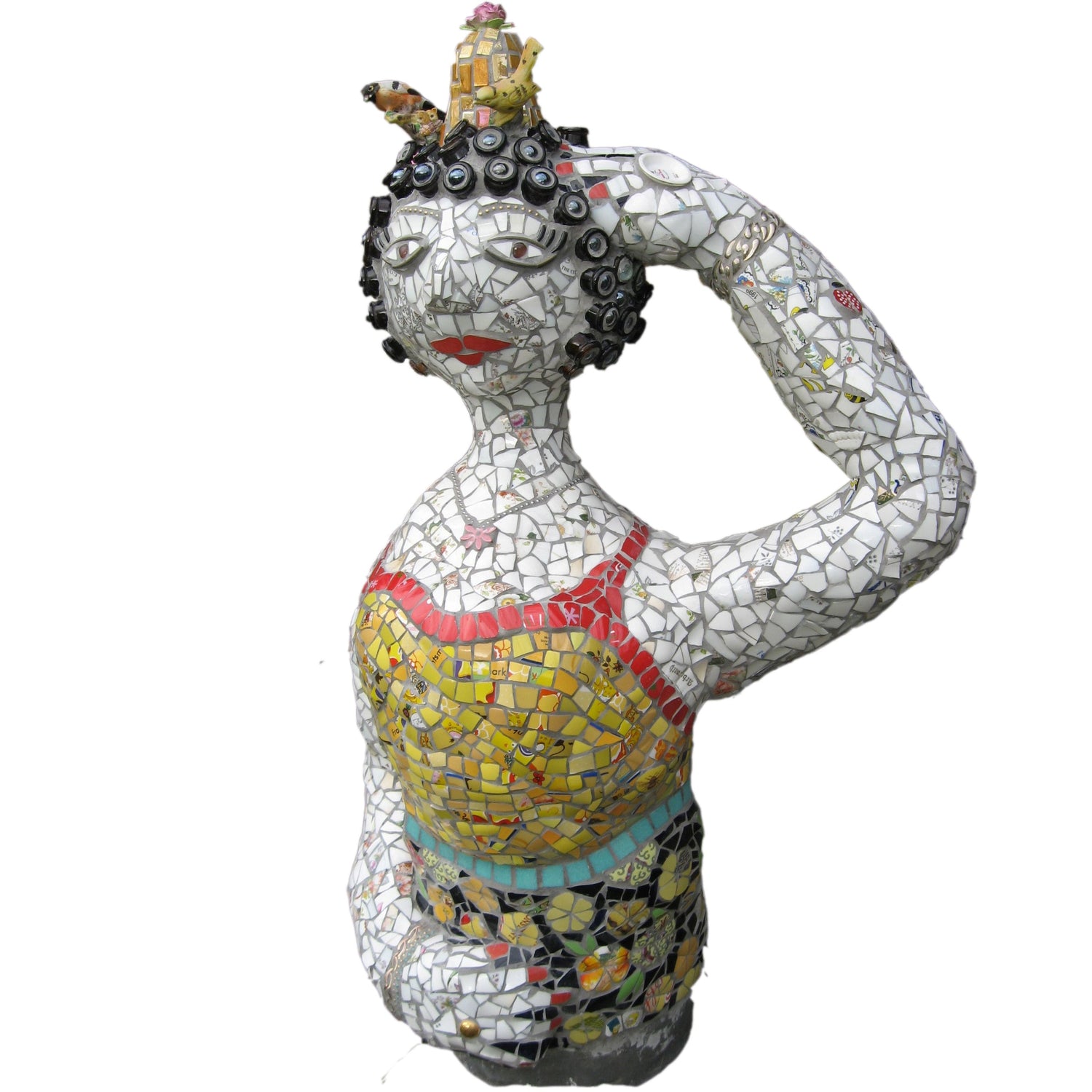 sculptural buxom woman in mosaic weating a yellow dress with hair made of wine bottles