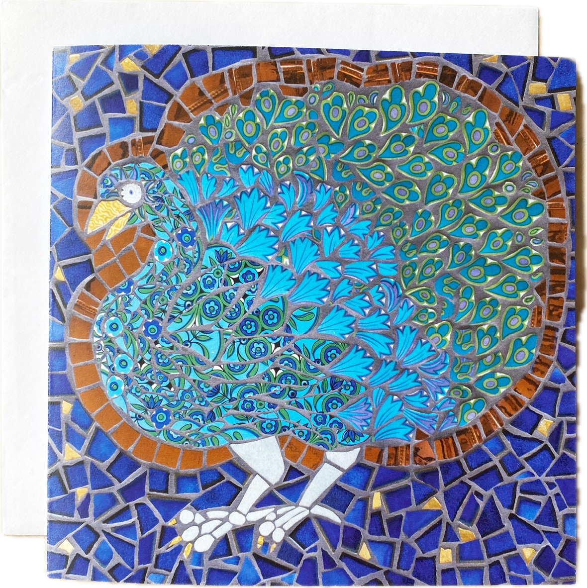 card with a turquoise and blue peacock made in mosaic