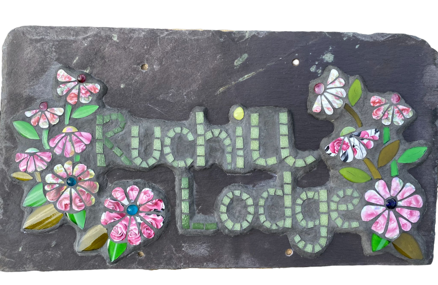 mosaic sign slate saying Ruchill Lodge in green with pink chintz mosaic flowers