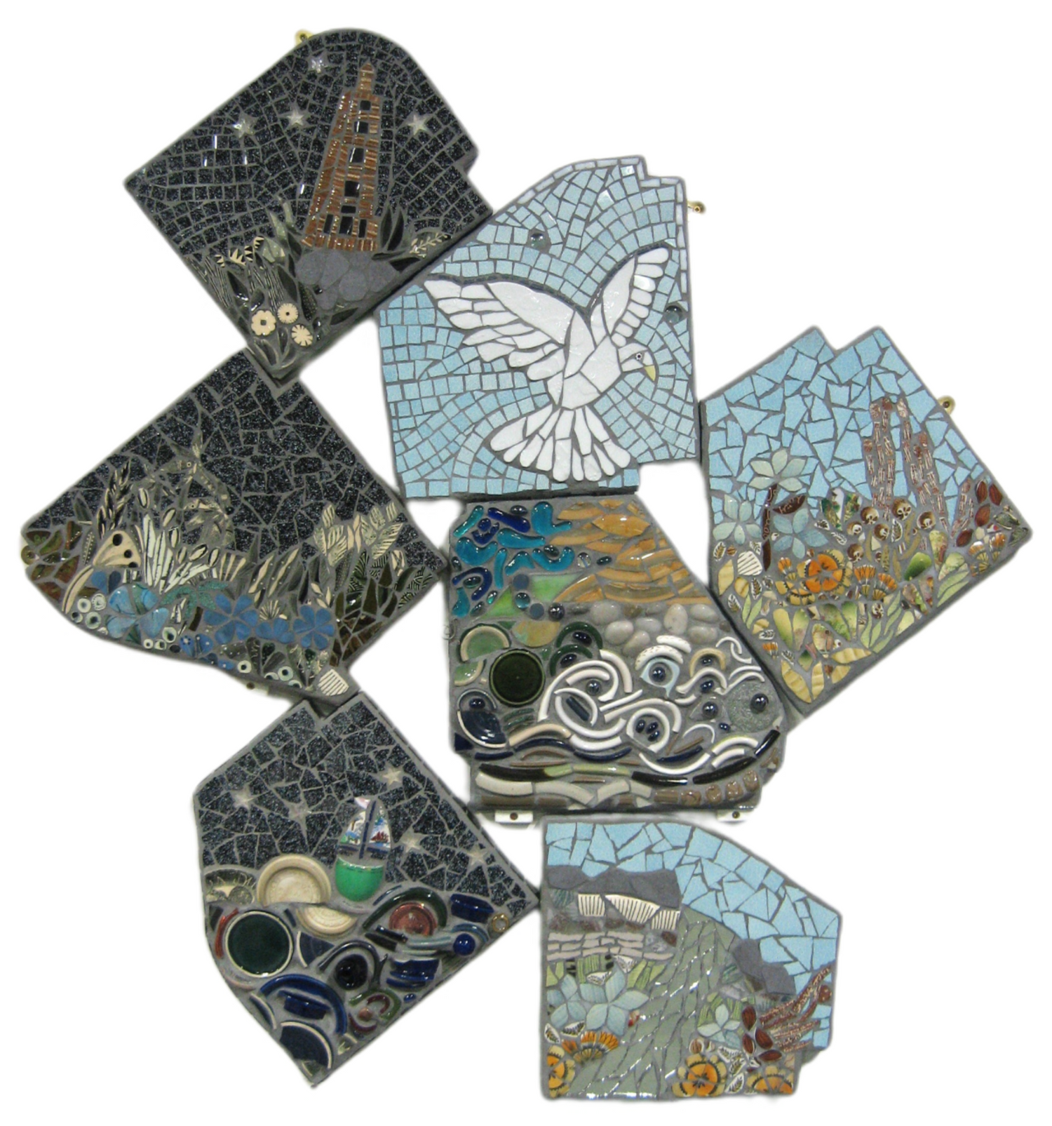 seven different sections form this mosaic, including one with a dove, one a tower and two sea scapes