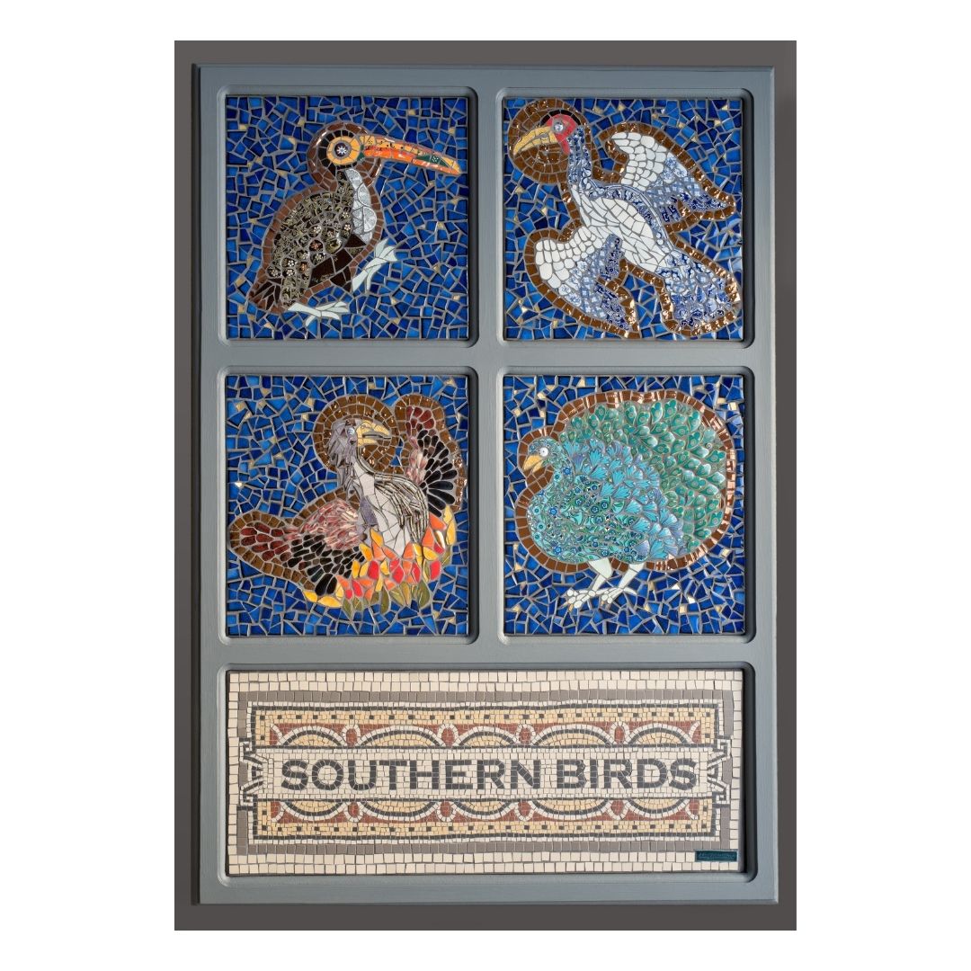 Mosaic of four bird panels featuring a toucan, a crane, a phoenix and a peacock.  A fifth panel has Southern Birds in a traditional style mosaic