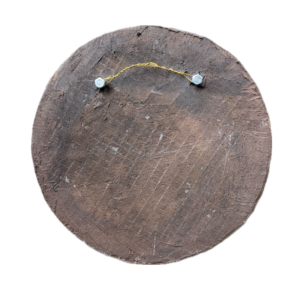 Reverse of a circular mosaic shown, painted brown, with a hanging system with metal wire