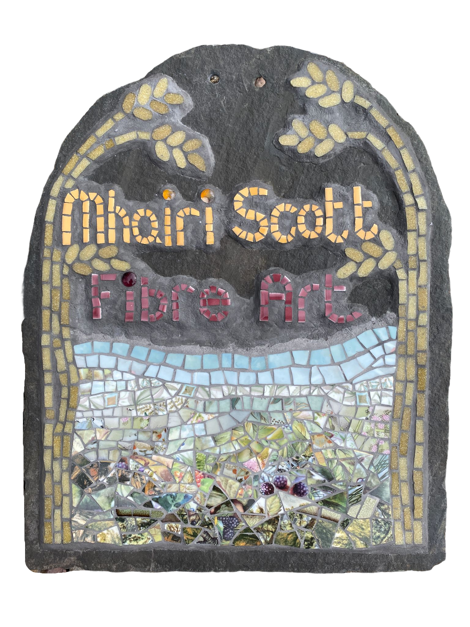 mosaic sign with Mhairi Scott Fibre Art, and a landscape, on slate