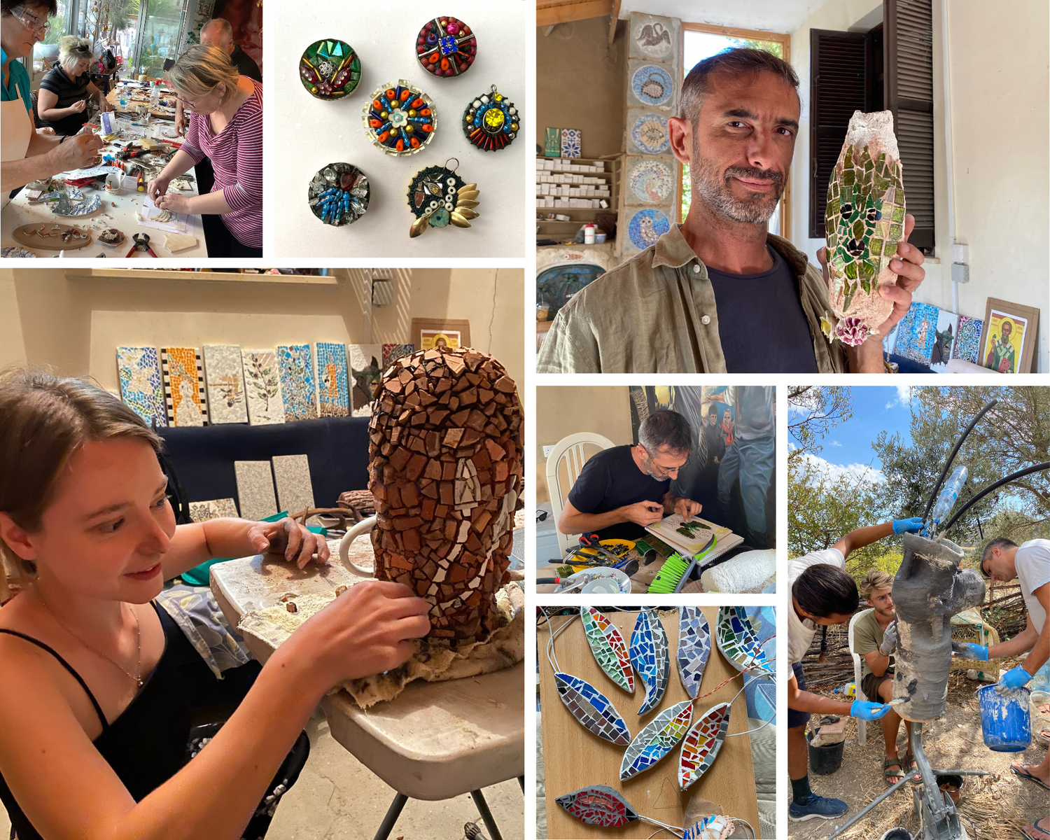 Collage of people working on mosaic art projects with various finished mosaics displayed.
