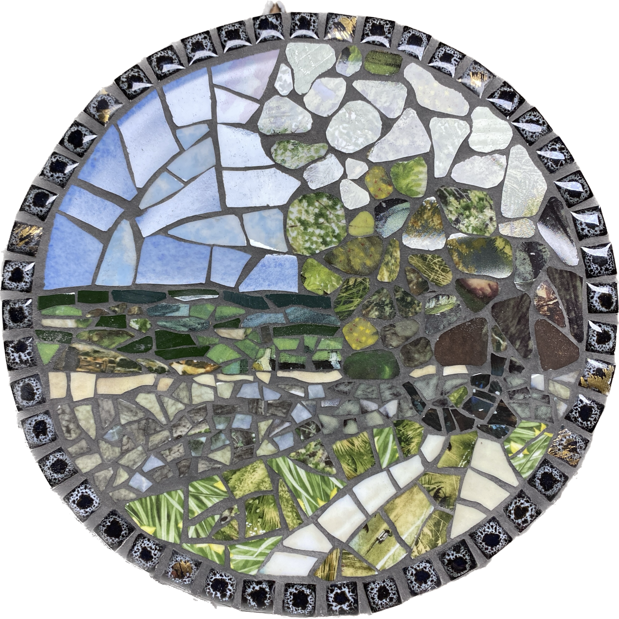 a circular scene of a small track and drystone wall with hills beyond, made in mosaic