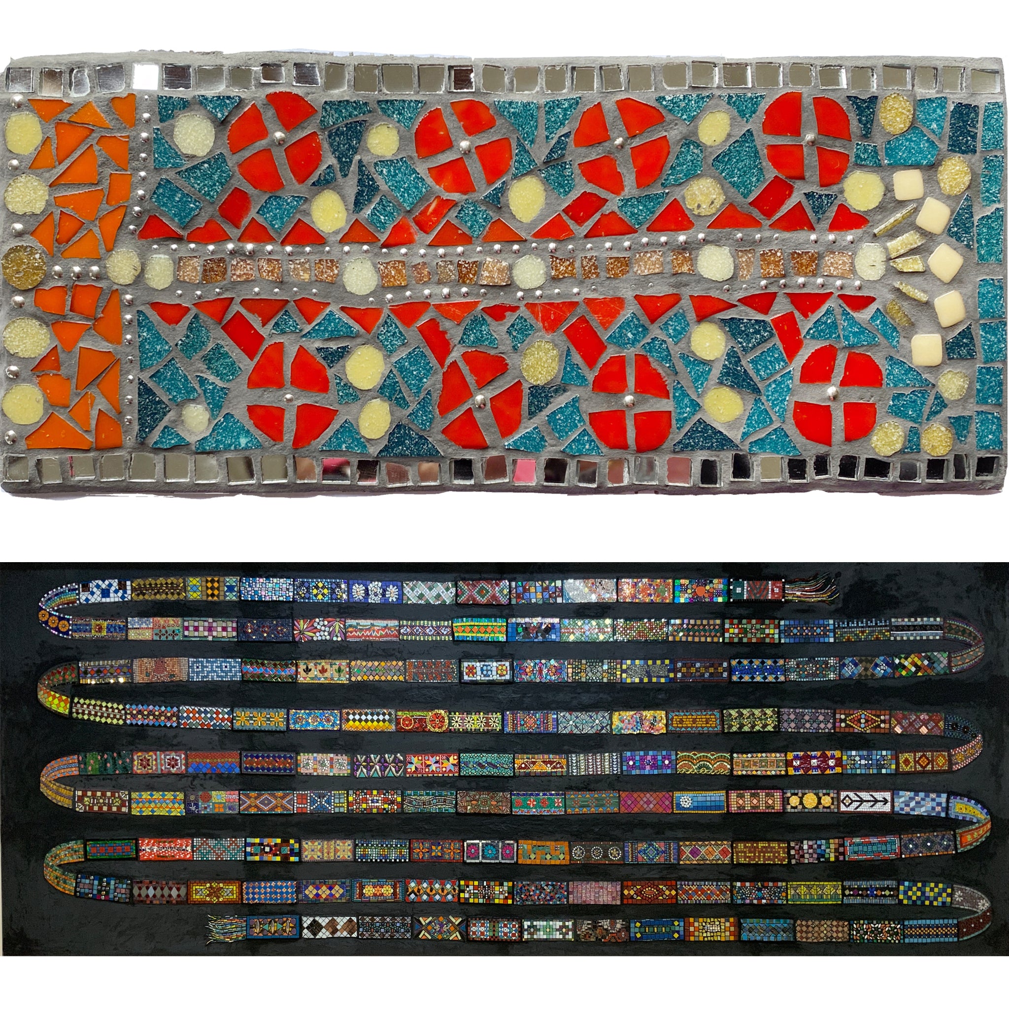 the top half shows a mosaic based on Afghan textiles with red, orange and turquoise. the bottom half shows all the sections joined together like a scarf.