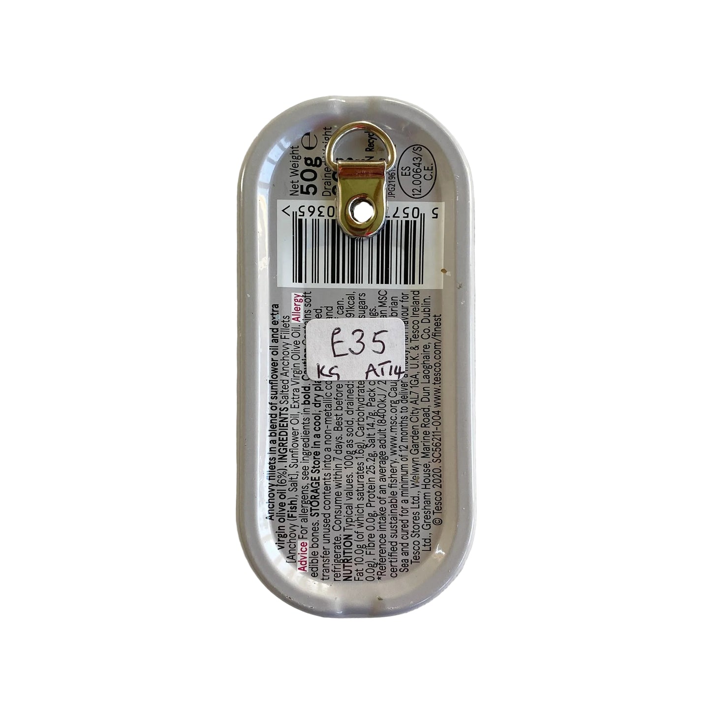 Small rectangular metal anchovy can on a white background, with D-ring