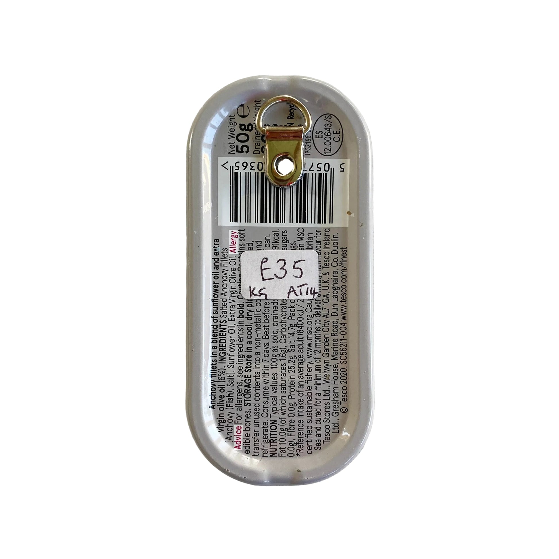 Small rectangular metal anchovy can on a white background, with D-ring