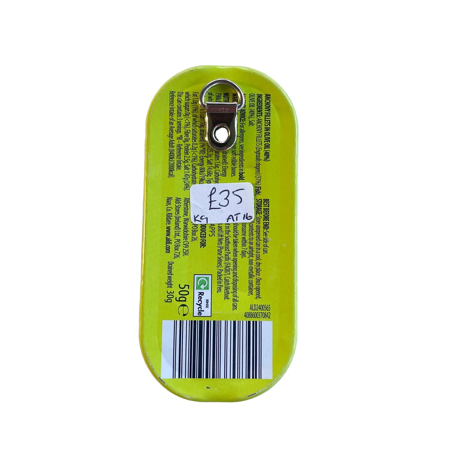 Small rectangular lime green metal anchovy can on a white background, with D-ring