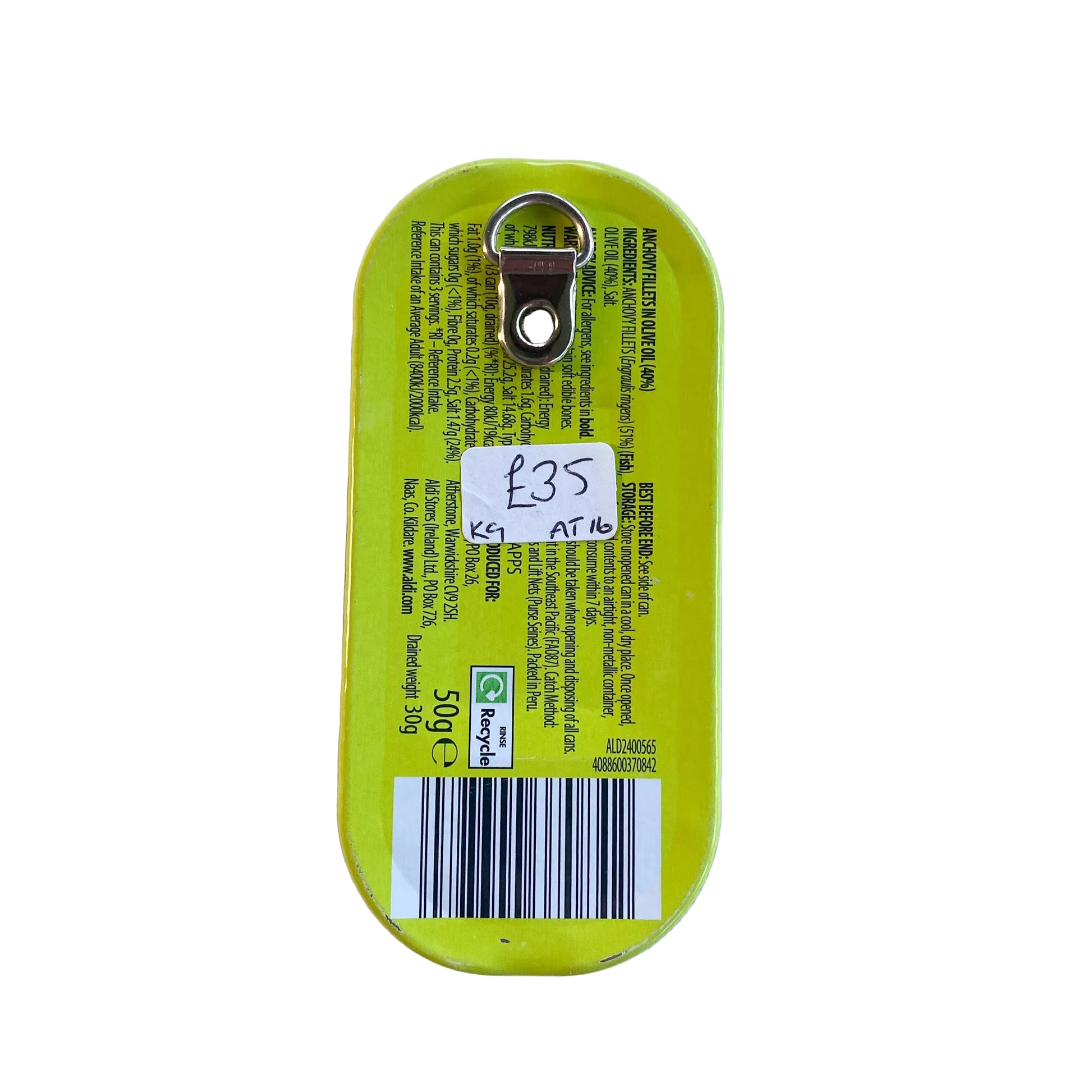 Small rectangular lime green metal anchovy can on a white background, with D-ring