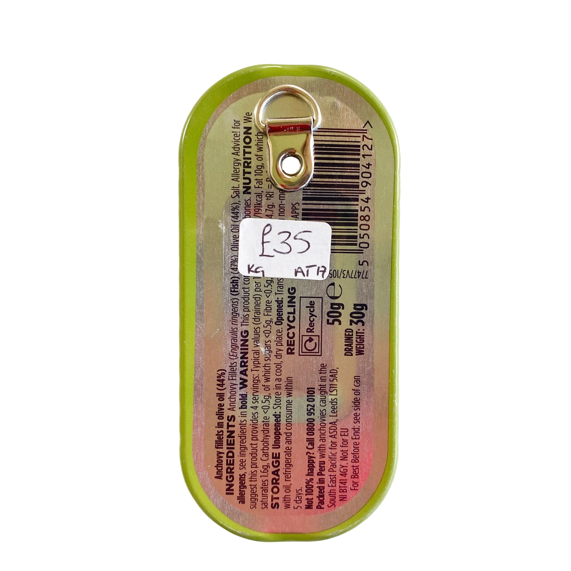 Small rectangular metal anchovy can on a white background, with D-ring