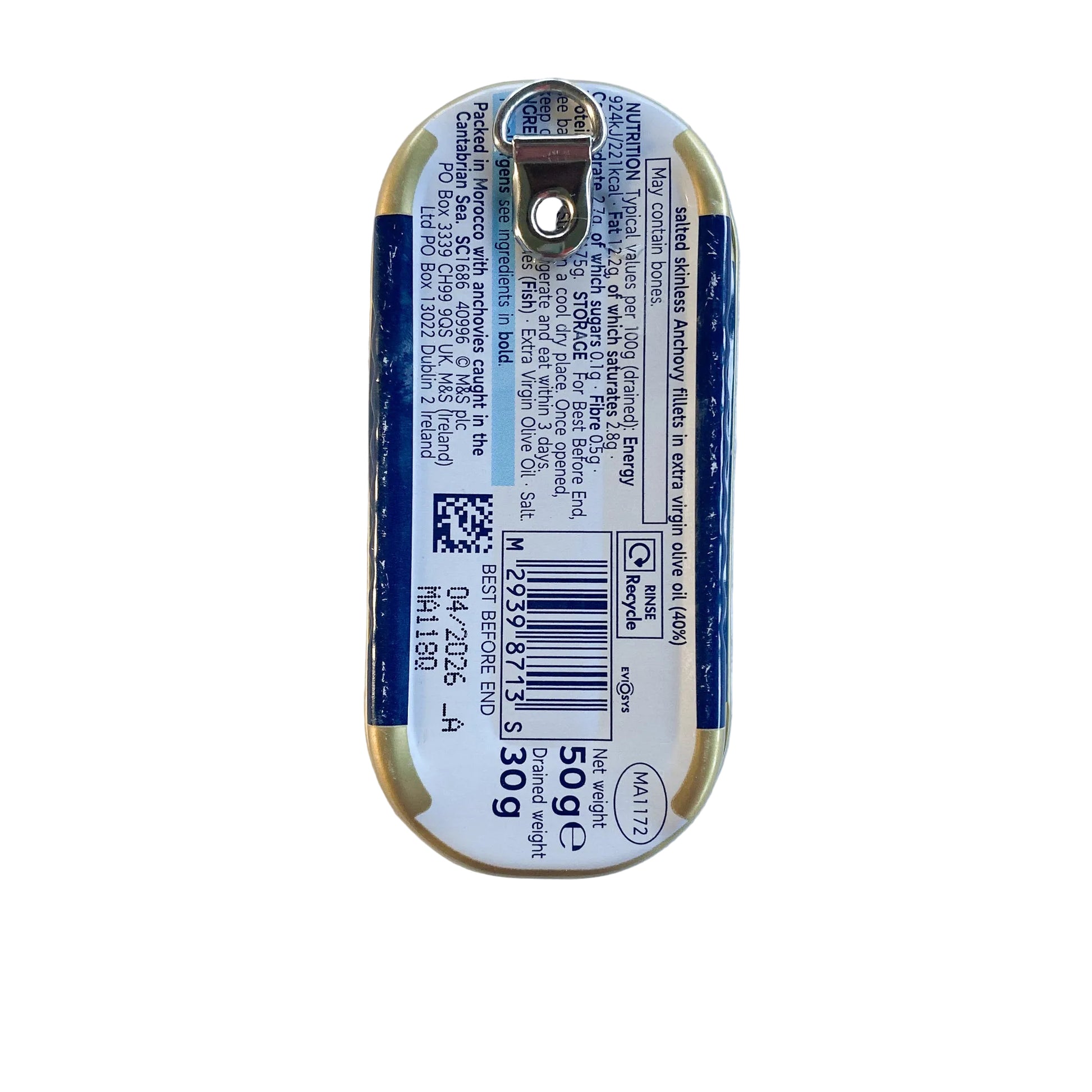 Small rectangular metal anchovy can on a white background, with D-ring