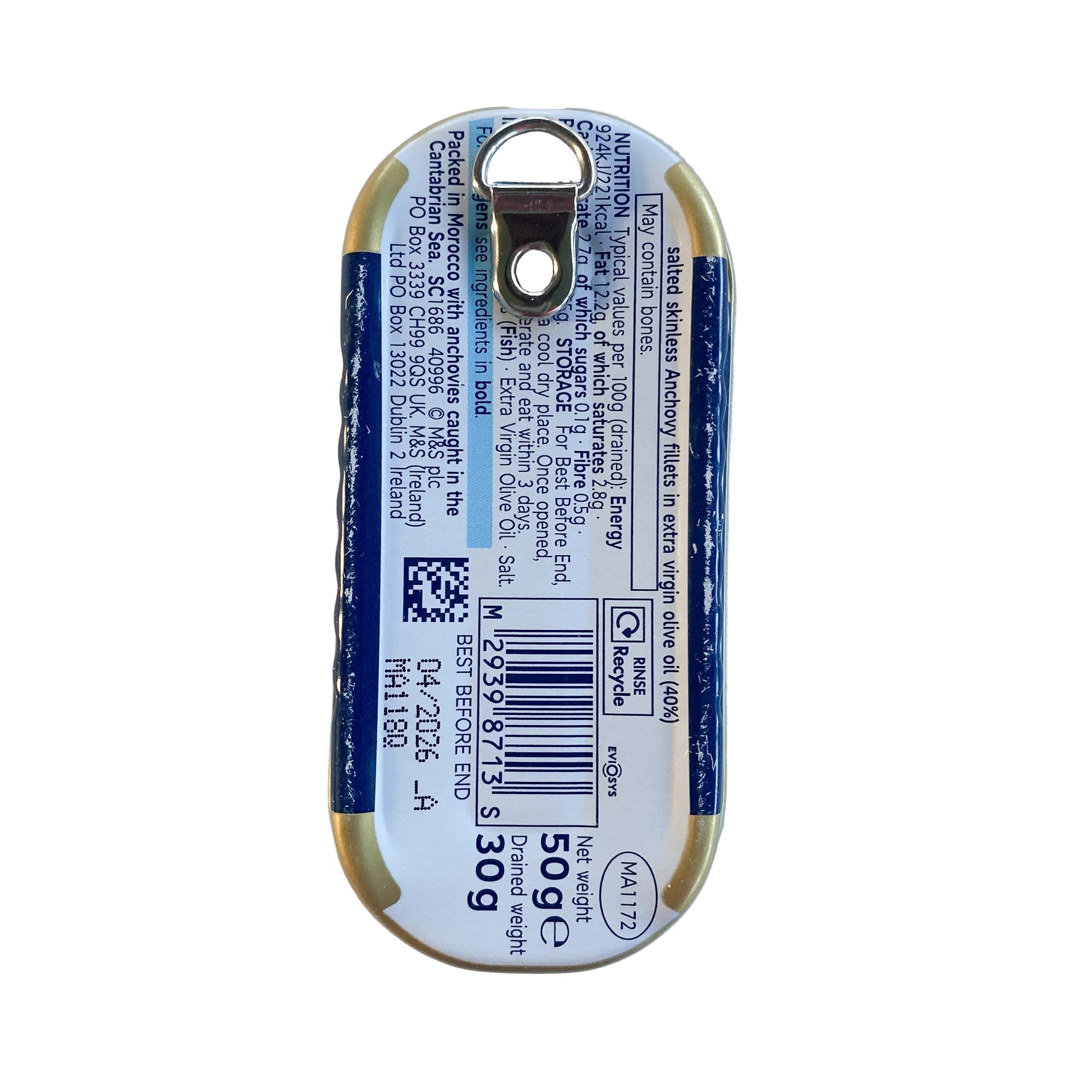 Small rectangular metal anchovy can on a white background, with D-ring