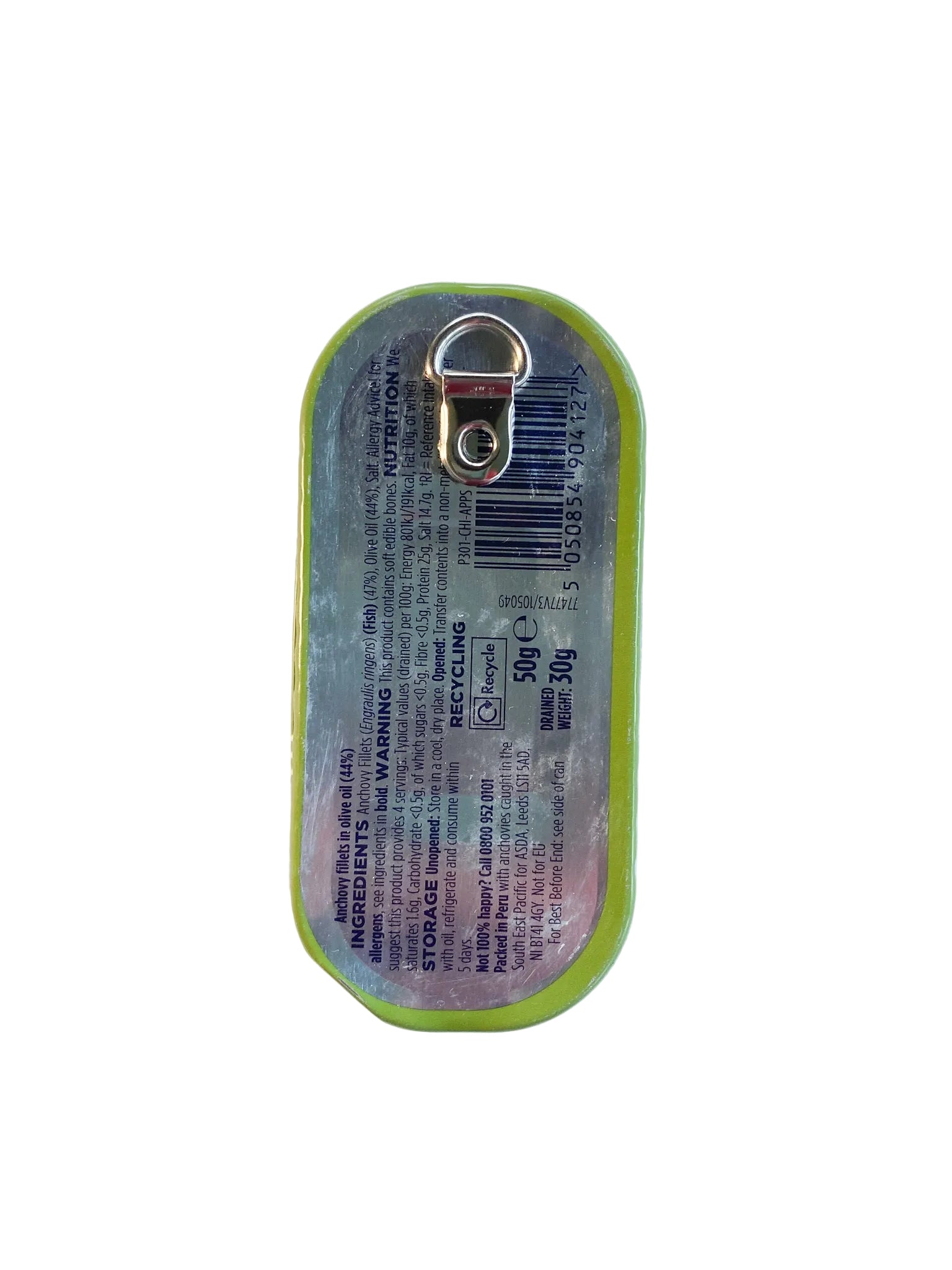 Small rectangular metal anchovy can on a white background, with D-ring