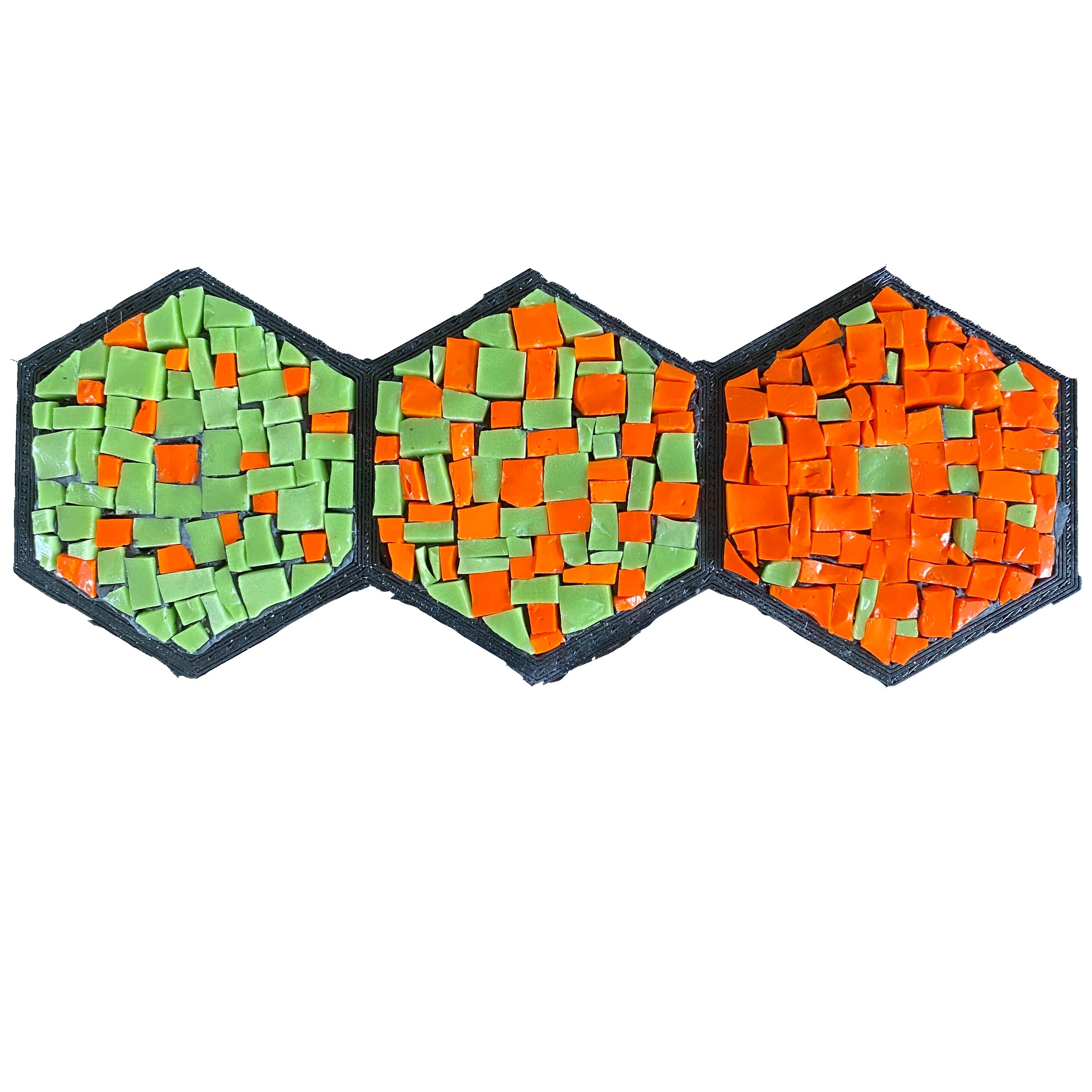 three small mosaics in combinations of orange and lime green