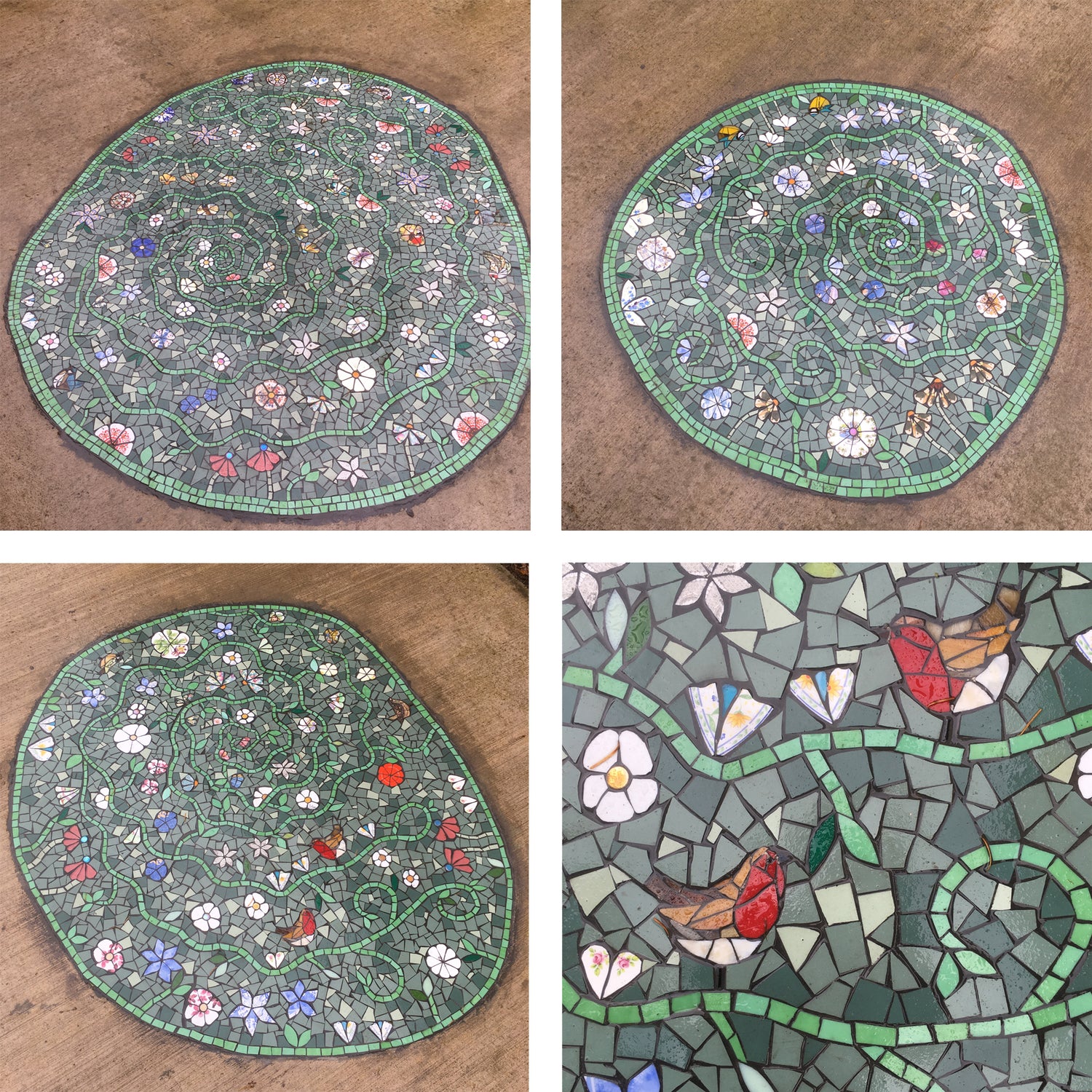 four images of paving areas in mosaic, mostly green with some birds and flowers within