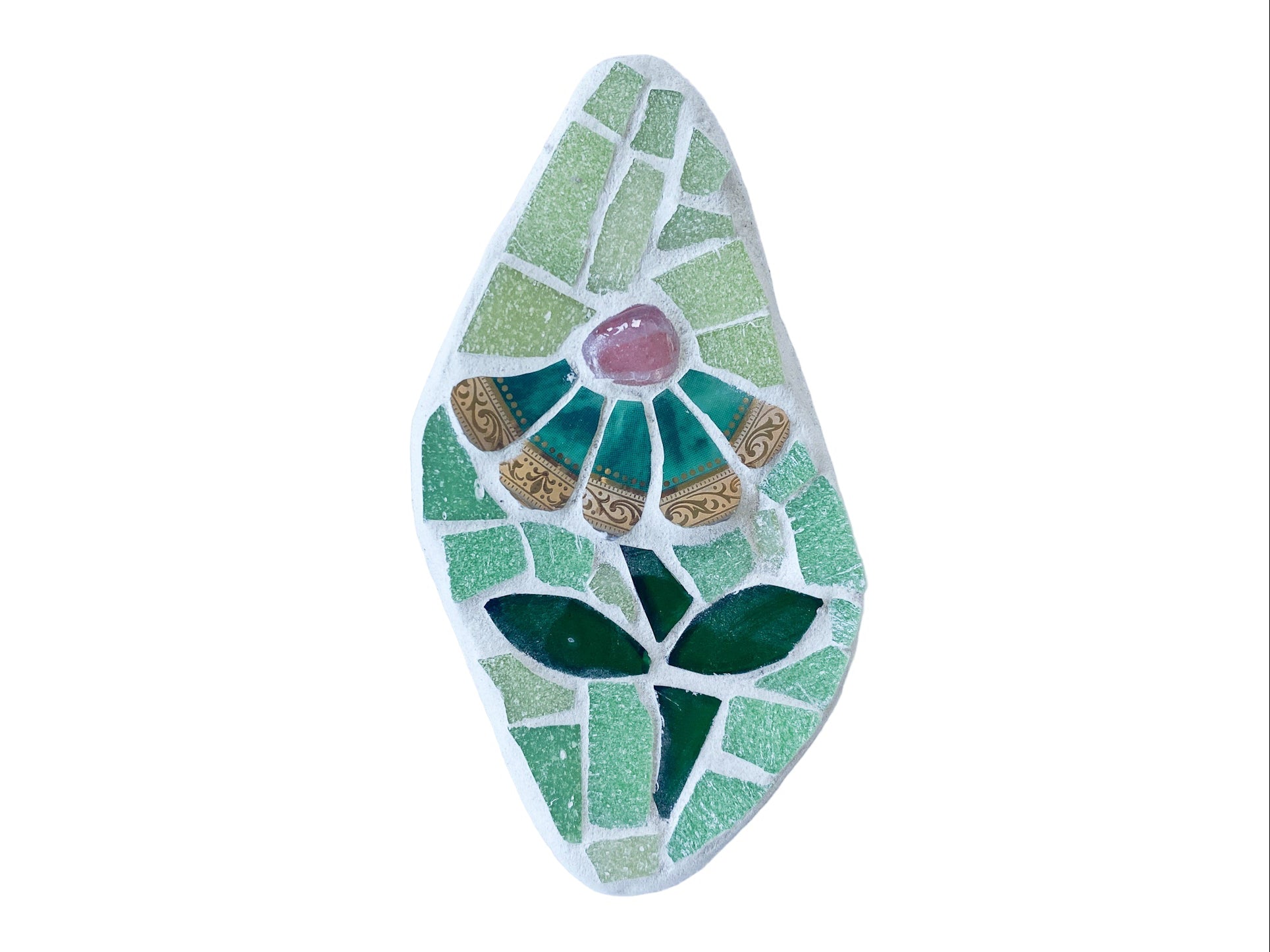 Mosaic art piece with green and gold floral design with green tiles, on a white background